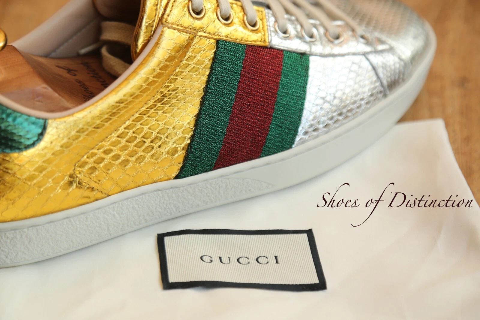 Gucci Ace Gold Silver Snake Skin Chaussures Baskets Homme UK 6,5