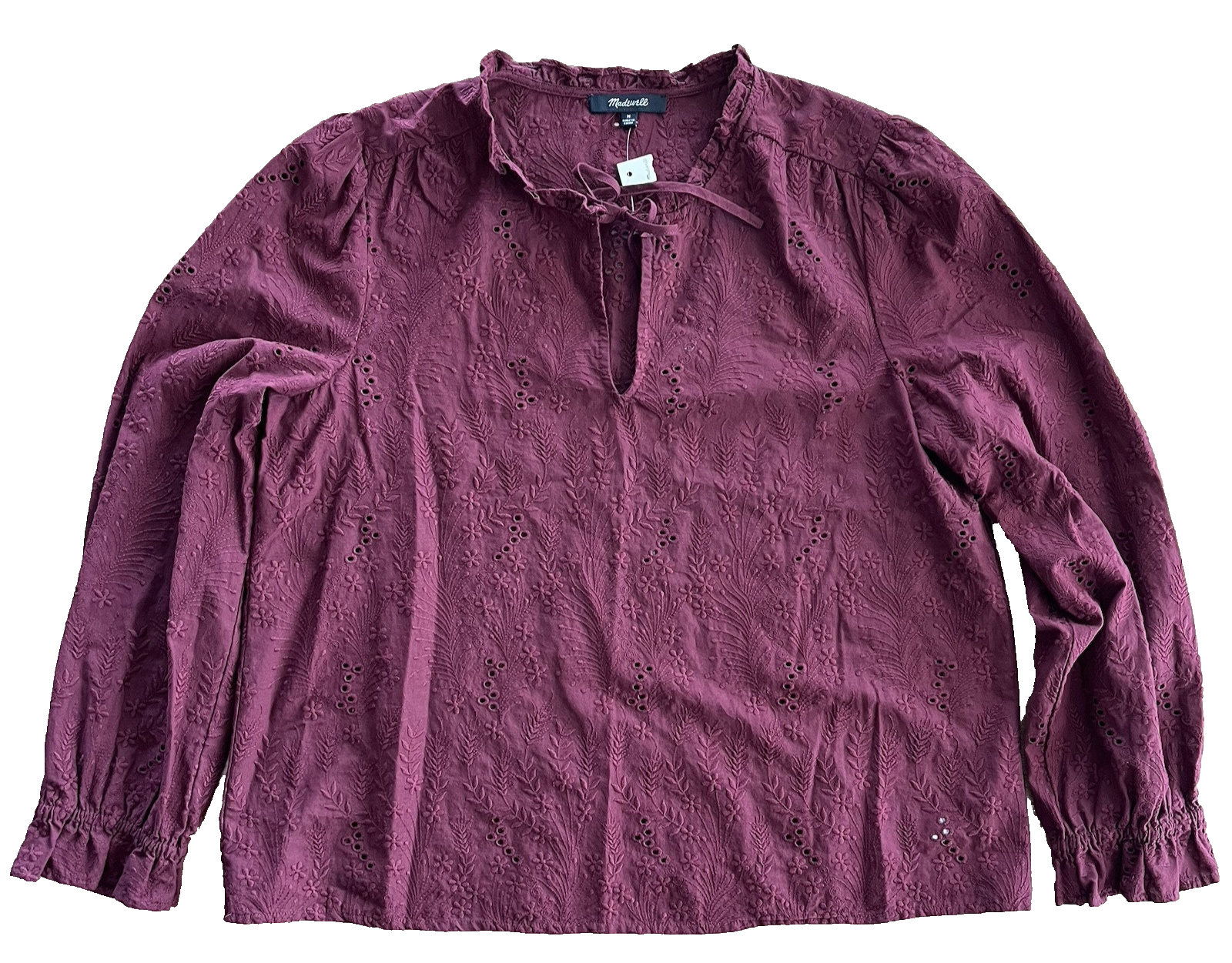 Madewell Women's Burgundy Eyelet Long Sleeve Tie Neck Blouse Size Medium