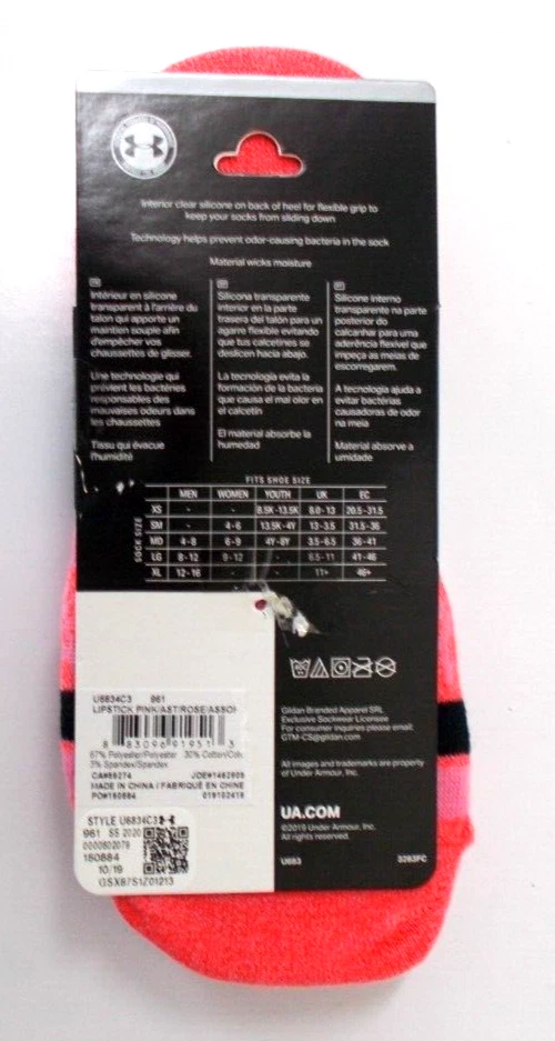 Calcetín de Entrenamiento Under Armour UA Ultra Lo, 3 Pares, LÁPIZ LABIAL ROSA ASST, Talla L, Nuevo con Etiquetas Foto 3 de 3