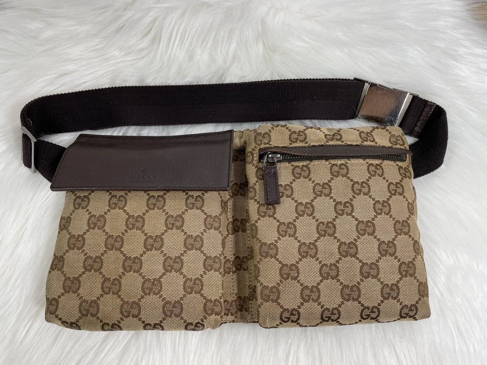 Gucci GG Logo Sac Ceinture Taille Sac Marron Toile Authentique