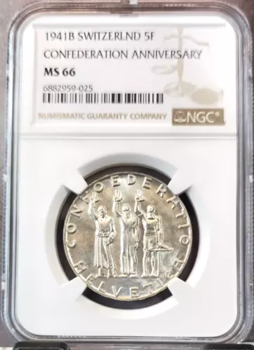 1941 SWITZERLAND SILVER 5 FRANCS CONFEDERATION ANNIVERSARY NGC MS 66 SCARCE GEM