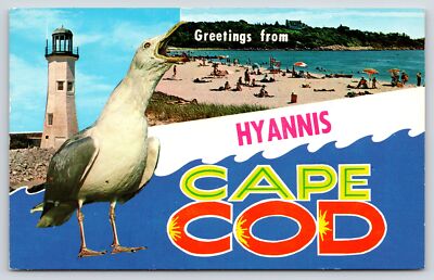 Hyannis MA~Lighthouse~Seagull Squawks Greeting~Banner~Cape Cod Beach~1973