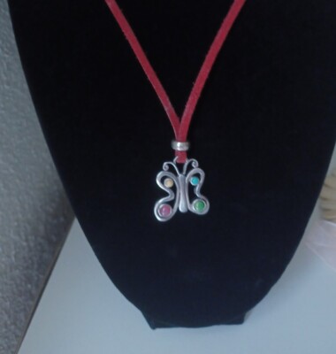 Vintage Y2K 2000 Barse Sterling Silver Funky Butterfly Pendant On Red Suede Cord
