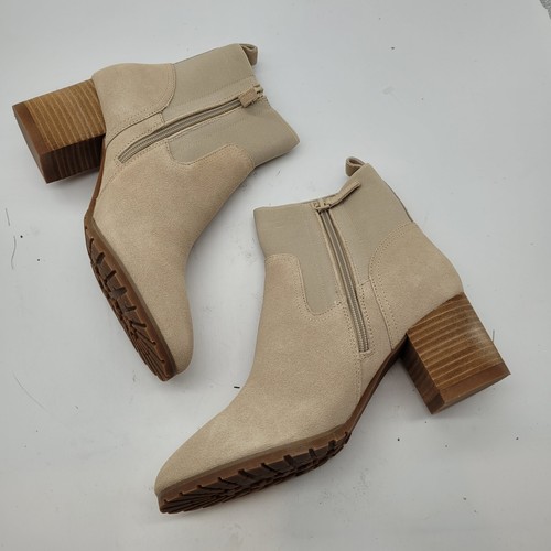 New Beige Leather ankle Boots Violet & Red Loaded Stacked Heel Neutral Size 8 - Picture 5 of 10