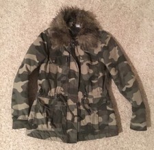 Divided By H&m Camouflage Collar Faux Fur Trim Jacket Coat Size 10