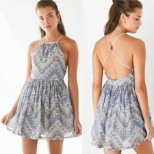  Ecote Cotton Bonita High-Neck Print Mini Dress Sleeveless Backless Cross S 6