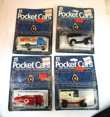 Lot of 4 Vintage Tomy Pocket Cars Datsuns First Car Toyota Wrecker Model T Ford
