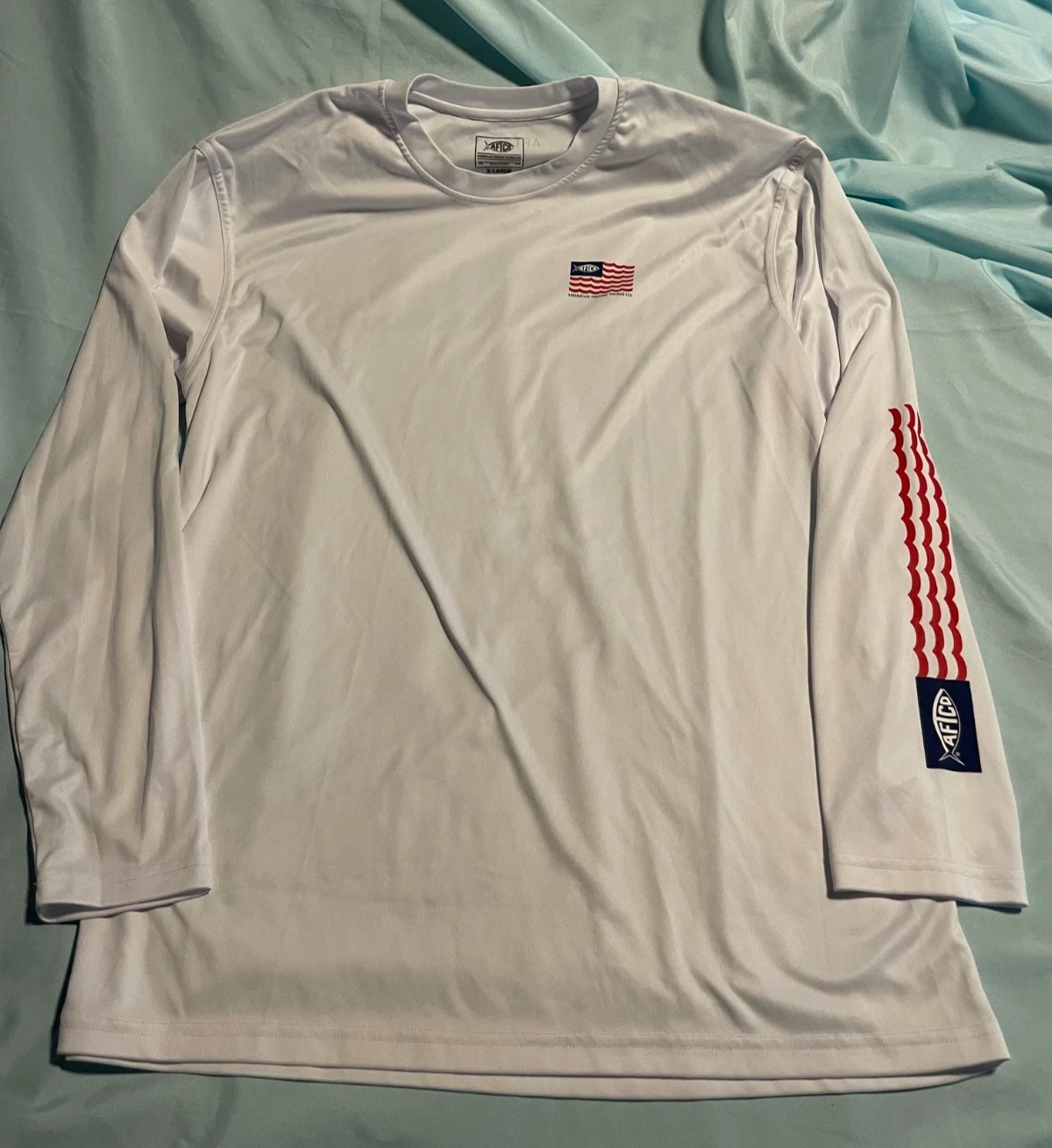 AFTCO Mens XL Long Sleeve White Fishing Shirt American Flag on front on sleeve