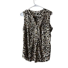 Loft Tan Animal Print Ruffle Popover Sleeveless Tank Top Size Medium Mixed Media