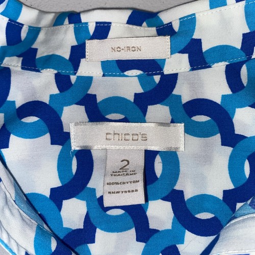 Chico’s 2 No Iron Medium Blue White Chain Print 3/4 Stretch Button Down Shirt - Picture 3 of 7