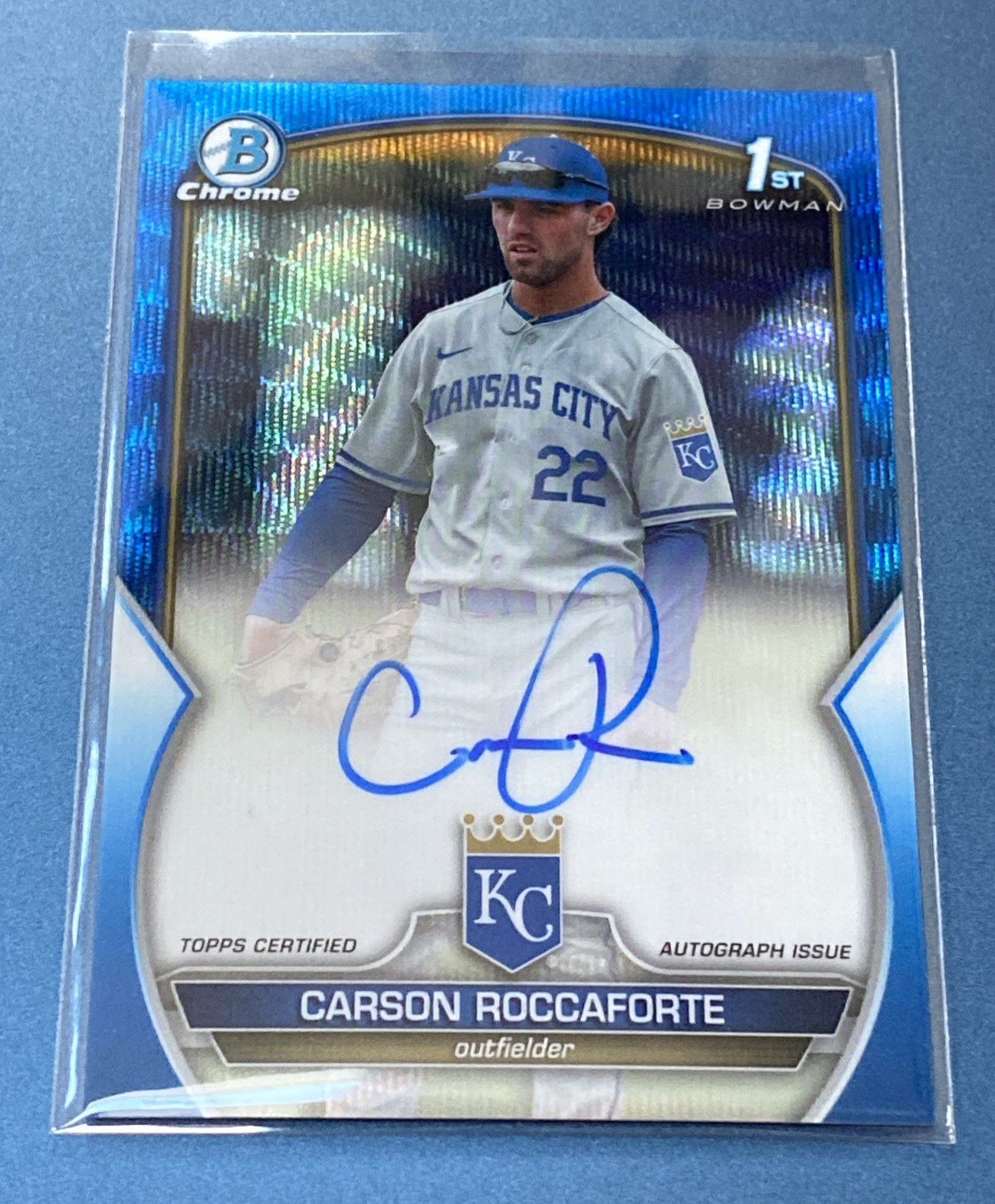 2023 Topps Chrome Bowman Draft 1st Bowman Carson Roccaforte Auto Blue Wave /150