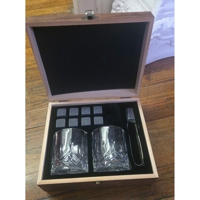 SUPERSUN Whiskey Stone Set 2 Glasses 8 Granite Chilling Rocks Wood Box Gift Set