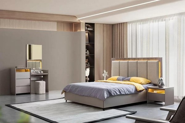 Graues Schlafzimmer Set Bett Mit 2X Nachttische & Stilvoller Schminktisch-image