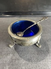 Footed Open Salt Dish Fisher Sterling Silver Cobalt Glass Insert & Spoon