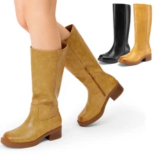 Women Riding Boots Low Chunky Heel Square Toe Side Zipper Knee High Boots