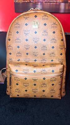 MCM Stark Visetos Logo Studded Zip Backpack Brown Unisex Adjustable Straps