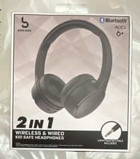 Bass Jaxx 2 IN 1 Wireless Bluetooth Headphones Black Kid Safe, Mic, 3.5mm