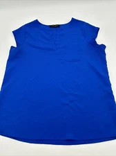 Ivanka Trump Blouse Women Medium Blue Solid Pocket V-Neck..#13924
