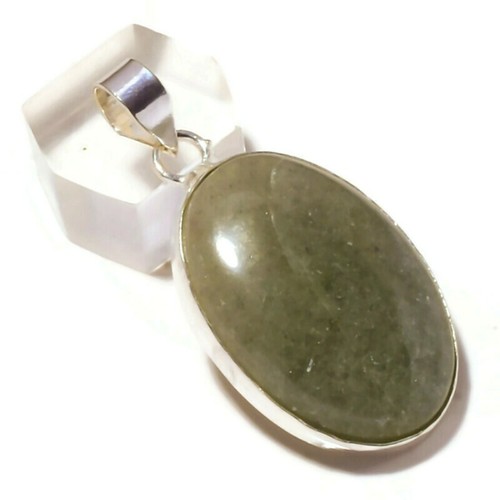 Light Green Aventurine Cabochon Gemstone Silver Overlay Handmade Pendant A3596 - Picture 4 of 4