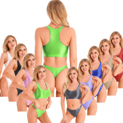 DE Damen 2 Pieces Glänzende Bademode Bikini Set Crop Tops und Slips BBadeanzug