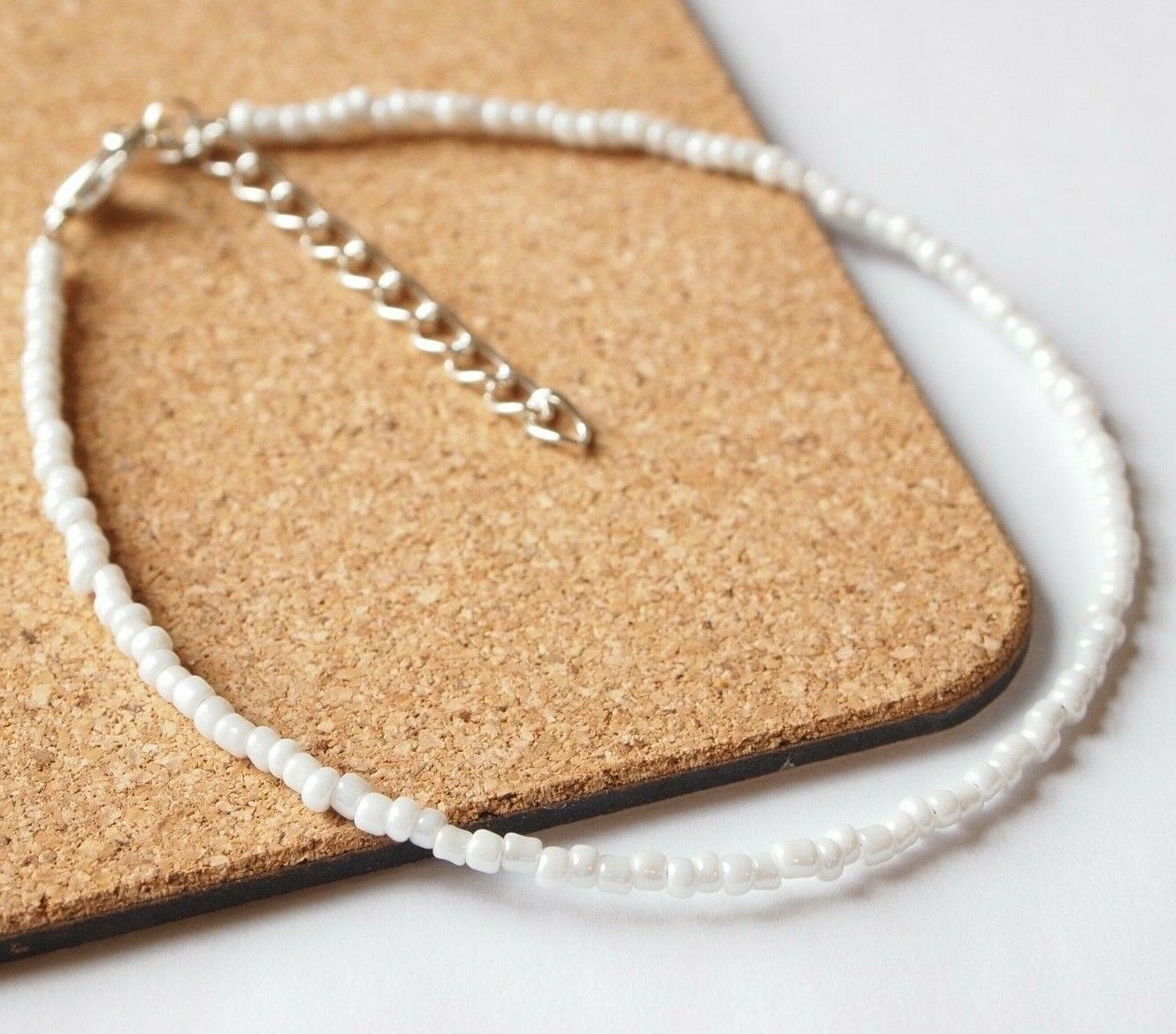 Handmade White Opaque Seed Bead Ankle Bracelet Anklet Chain 9" + Ext