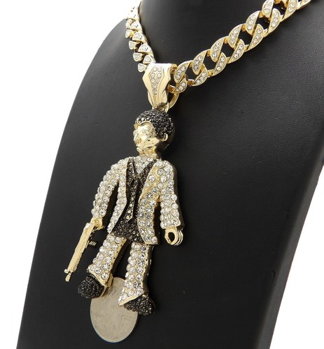 Hip Hop Scarface Pendant & 10mm 18" 20" 24" Iced Cuban Chain Bling Necklace - 第 20/35 張圖片