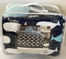 Quilt Set WHALE Reversible Twin Navy Blue Aqua Nautical Coastal 4 Pc Bedding NEW