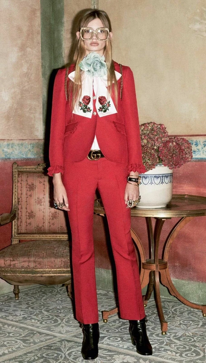 3.3K GUCCI Ruffled Wool Silk blend Red Jacket Pants Suit NEW
