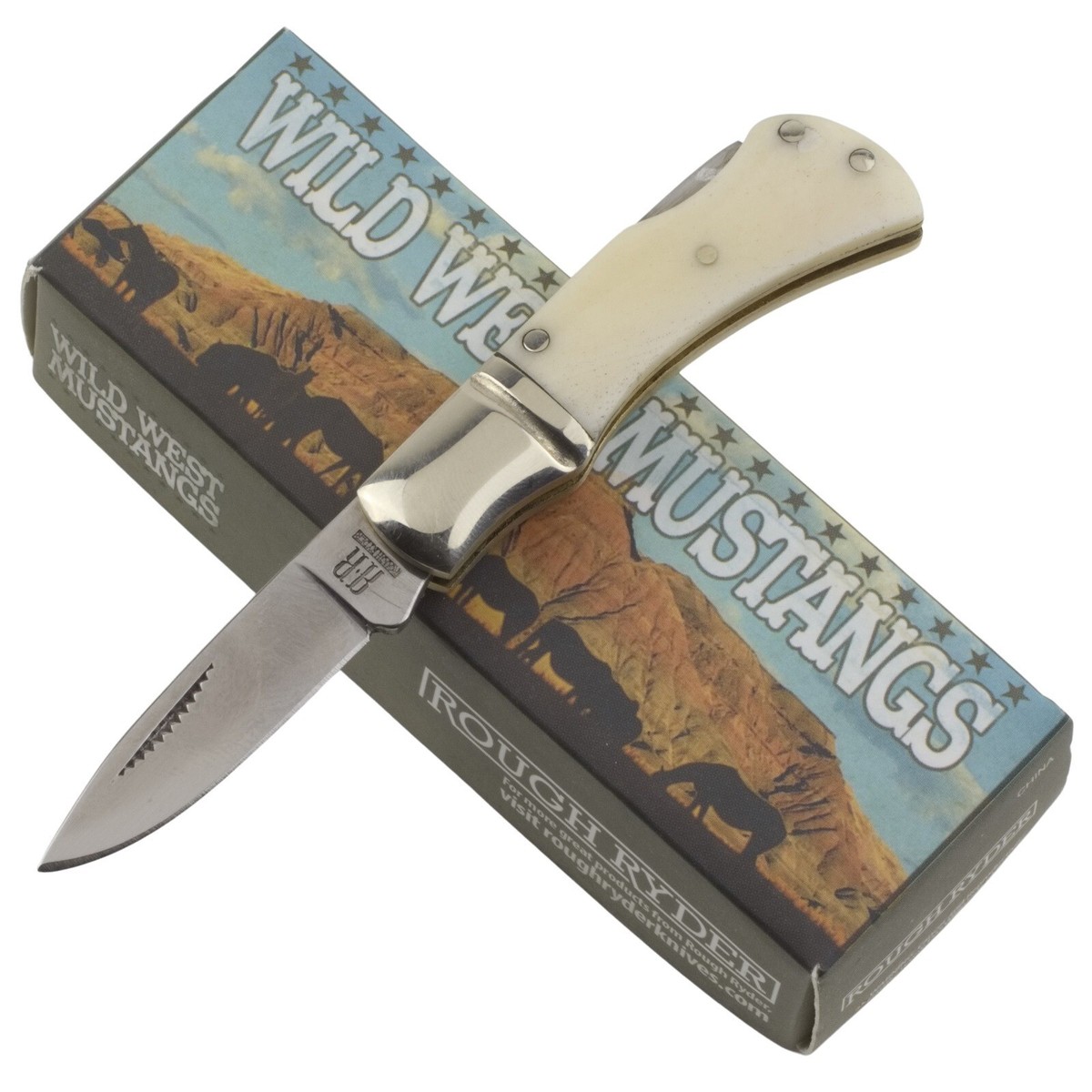 Rough Ryder Little Mustang Lockback Pocket Knife White Smooth Bone