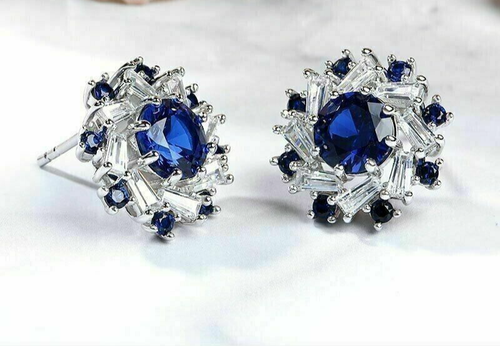 2.20Ct Simulated Round Blue Sapphire Stud Earrings 14K White Gold Sliver Finish - Picture 4 of 5
