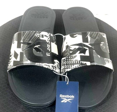 Reebok Men's Black Slide Sandal Black Summer Beach Graphic Print Shoe