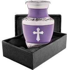 Small Purple Urn for Ashes God Cross - Religious Jesus Catholic Keepsake Mini