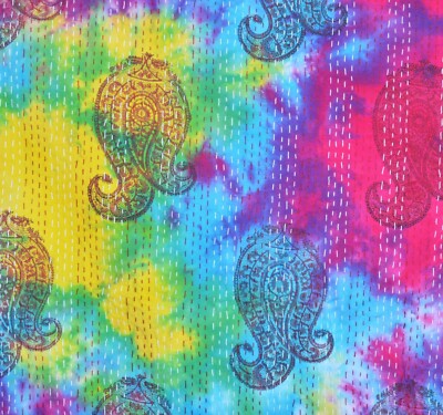 Indian Art Kantha Single Quilt Handmade Tie-Dye Reversible Blanket Throw