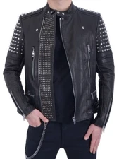 Men Biker Bomber Genuine Lambskin Black Slim Fit Leather Jacket XS-2XL FB136