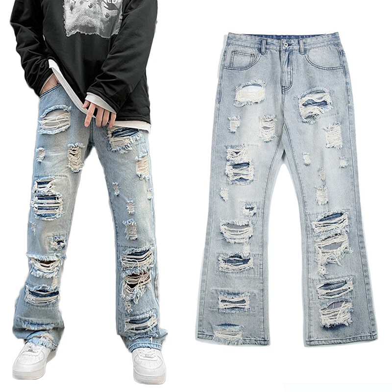 Men Trousers Ripped Denim Jeans Wide Leg Pants Distressed Streetwear Fit  Hip Hop