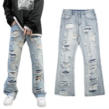 Hommes Jean Pantalon Jambe Large Déchiré Délavé Bootcut Standard Pantalon