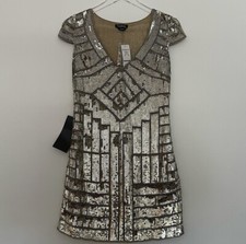 Bebe Gold Sequin Shift Dress Beaded V-Neck Mini Size 2