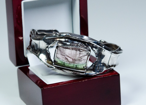 800 Argento - Bracciale Vintage Modernista - Anguria-Tormalina - Fatto A Mano - Foto 2 di 7