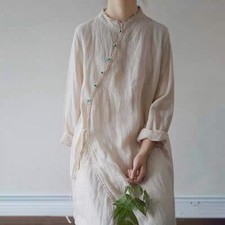 Womens Cotton Linen Loose Dress Summer Retro Lace Knee Length Dress Cheongsam