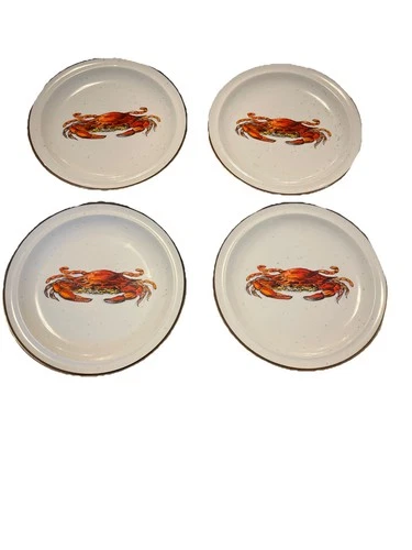 Vintage Set of 4 D.H. Holmes Red Crab Stoneware Plates 9.25” Made in Japan Lot