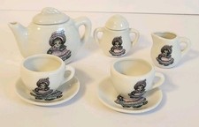 Kitty Cucumber Toy Tea Set for two Vintage 1984 Ceramic Teapot 9 Pcs. Cat Doll