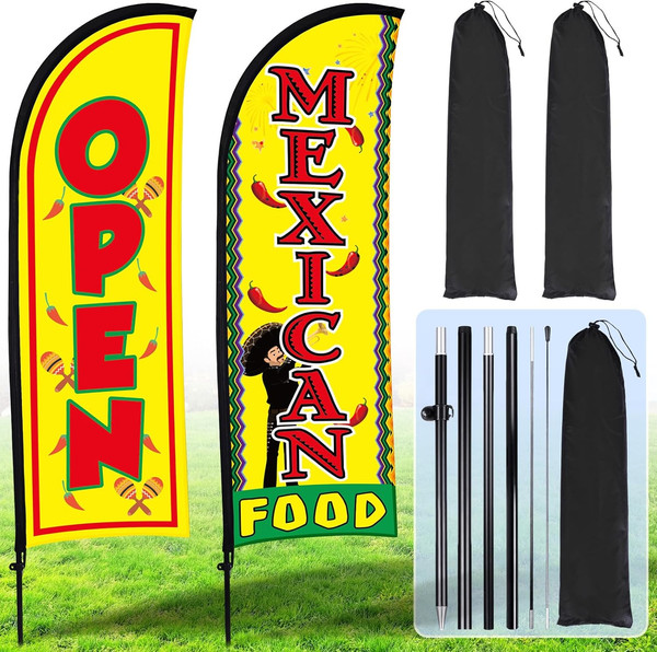 Juego de Bandera de Pluma Abierta de Comida Mexicana con Kit de Poste para Restaurantes y Mercados