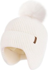Warm Fleece Lined Toddler Baby Winter Hat with Pom Pom Beanie Earflaps, Knit