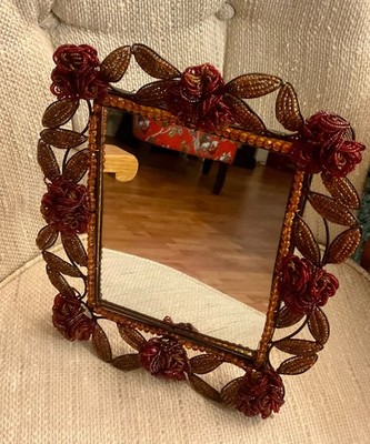 Vintage Red/Amber Hand Beaded 14  Metal Frame Vanity Easel Stand Mirror Beautifu