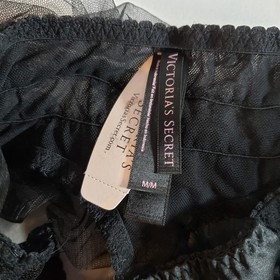 Victoria's Secret Sexy Little Things Garter Thong Medium Black Satin Ruffle