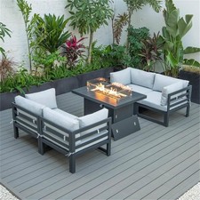 LeisureMod Chelsea 5-Pc Loveseat and Fire Pit Table Set with Light Grey Cushions
