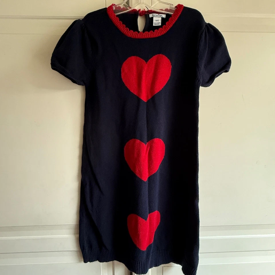 Hartstrings Girls Knit Dress Size 10/12 Navy Blue Red Hearts Puff Sleeve - Image 2 of 4