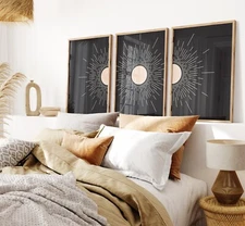 Mid Century Modern Home Artwork Sun with Rays Black Background Canvas