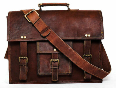 New Brown Genuine Vintage Goat Leather Laptop Messenger Briefcase Satchel Bag