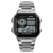 SKMEI Silver Smart Mens Digital Display Watch Metal Strap Alarm Stopwatch